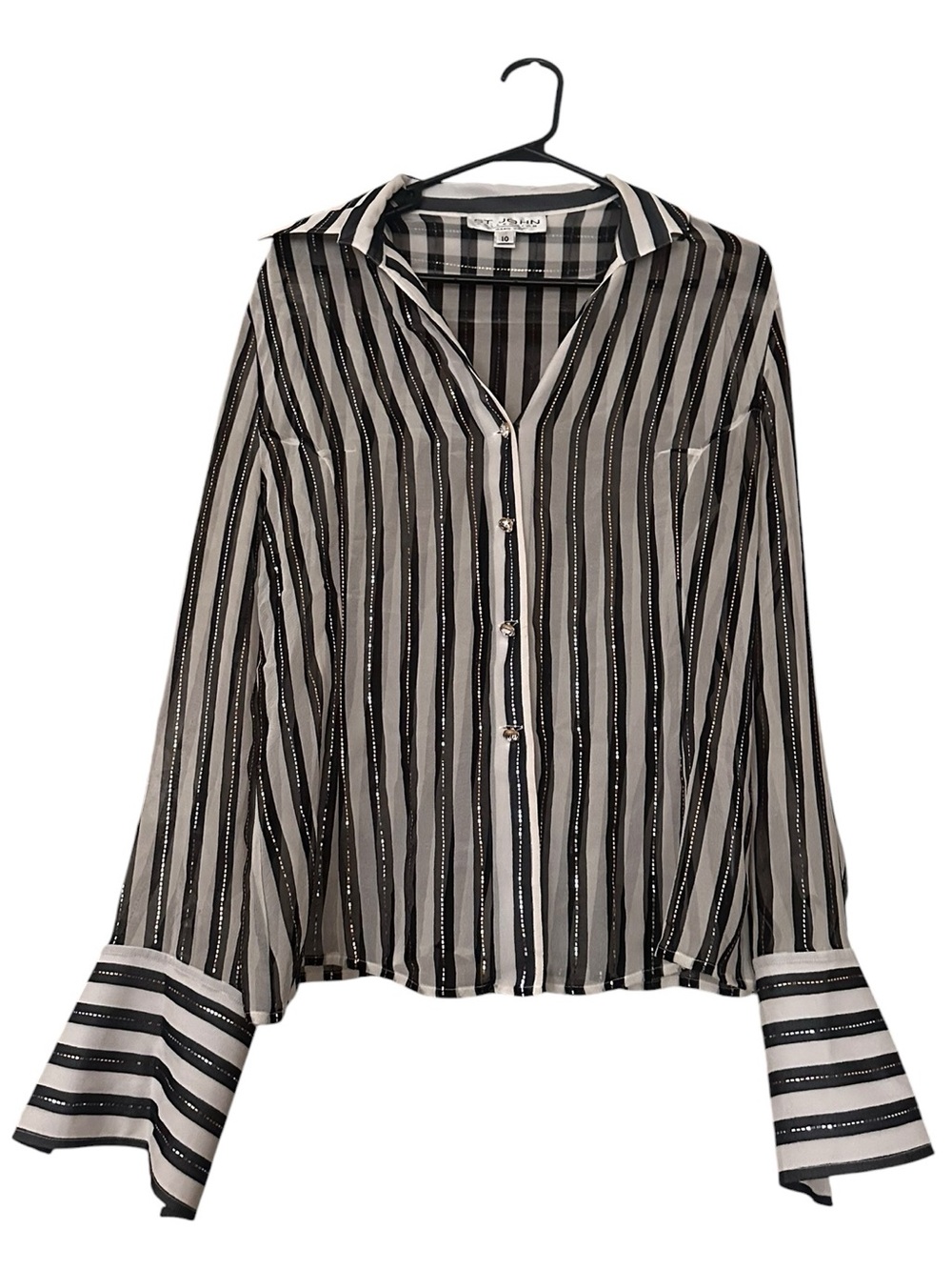 St. John Black & White Sheer Silk Striped Button-Down Blouse Size 10 📦 - Picture 8 of 8